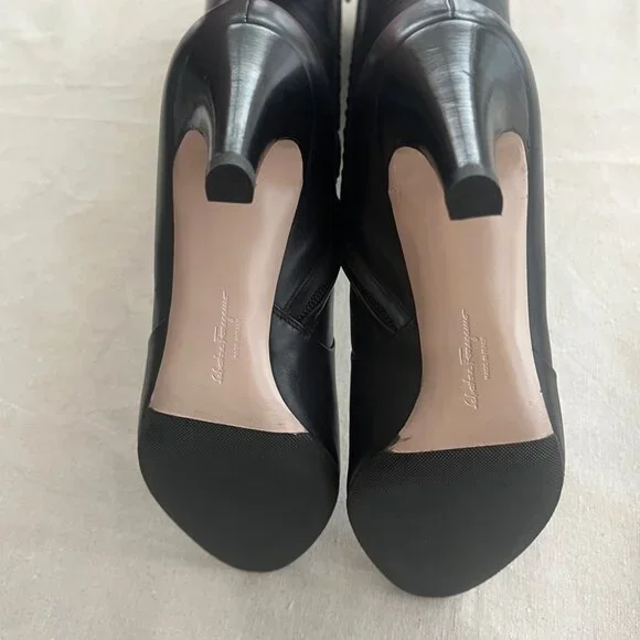 Salvatore Ferragamo | Knee-Length Heel Leather Boots - Sz US 9 / Dark Chocolate - Picture 5 of 12